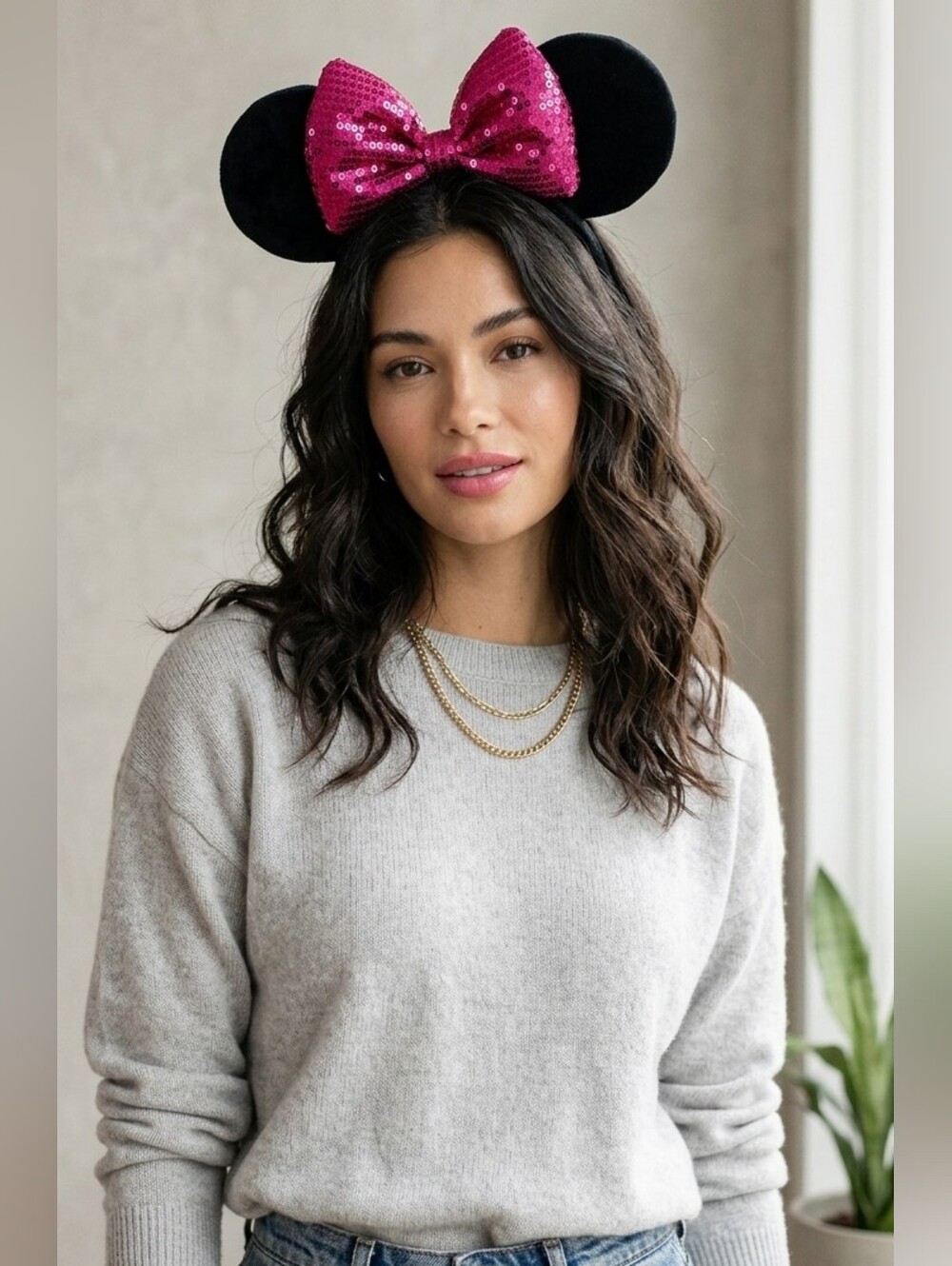 Disney Inspired NWOT Black & Pink Velour Sequins Minnie Mouse Ears- Headband
